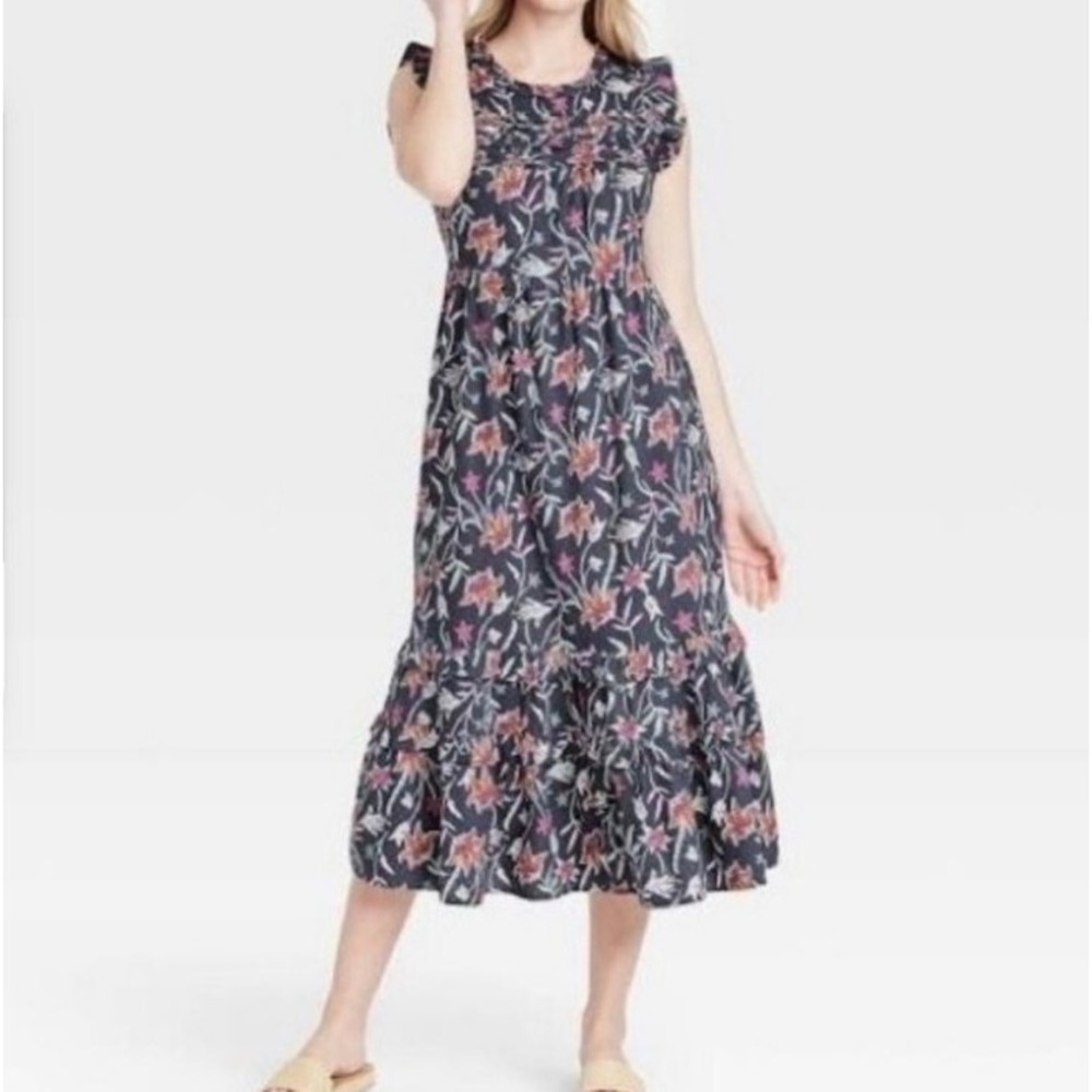 Universal Thread Flutter Short Sleeve Gray Purple Floral Dress Sz S Small Midi